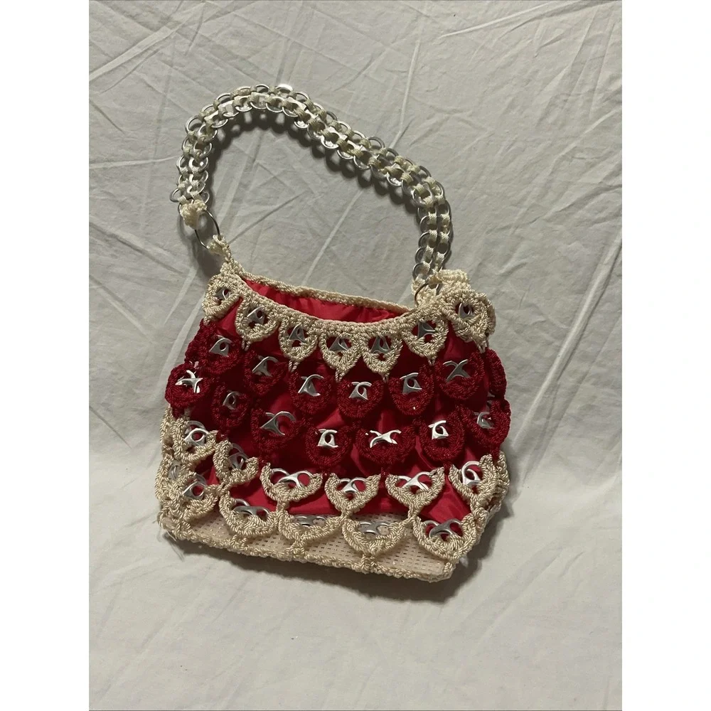 Handmade‎ Soda Tab Purse Crochet Aluminum Red-beige Hearts Small 7x9